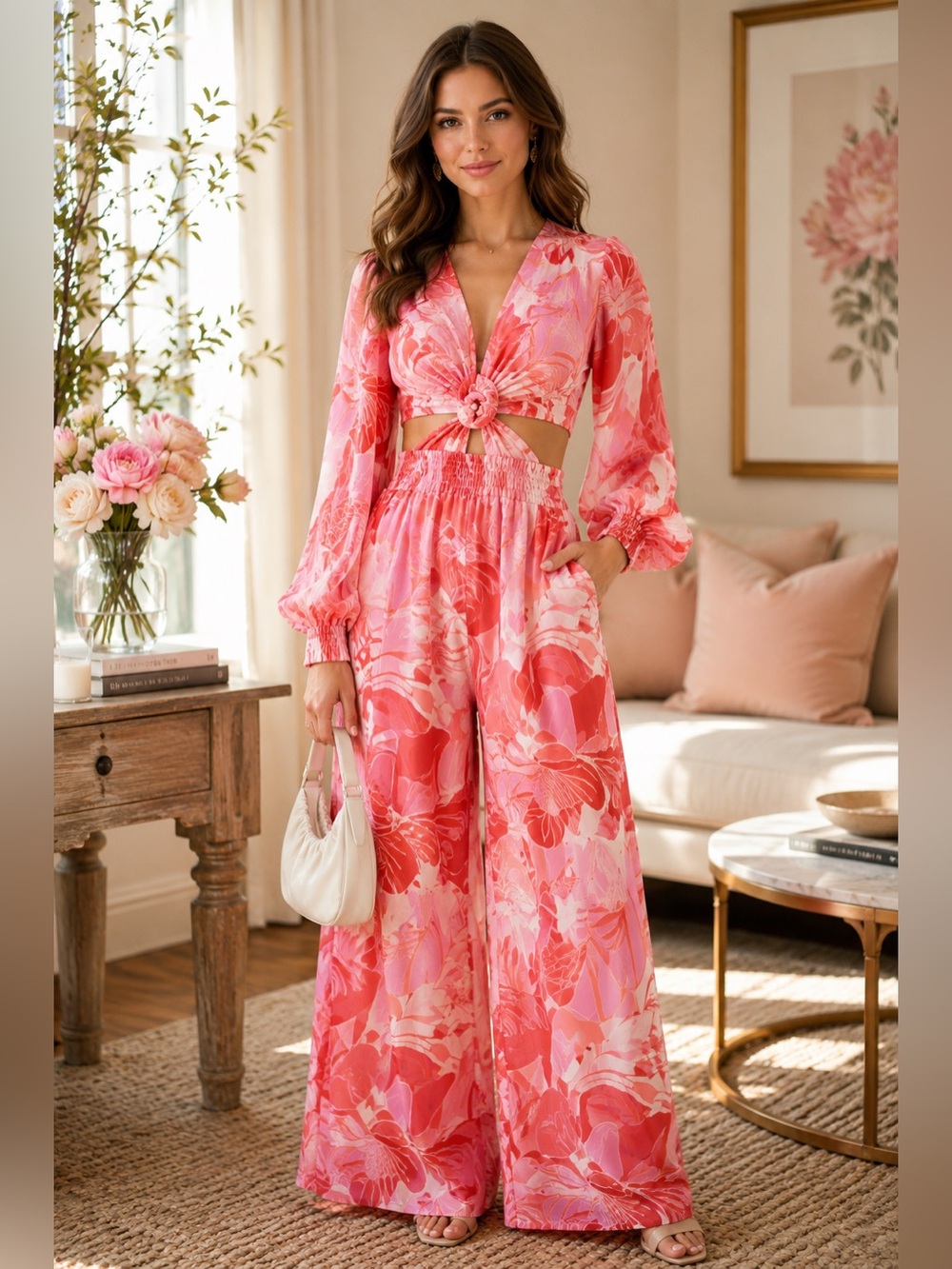 ALL ABOUT MAY Pink Floral O-Ring Cutout Wide Leg Jumpsuit Balloon Sleeve Boho